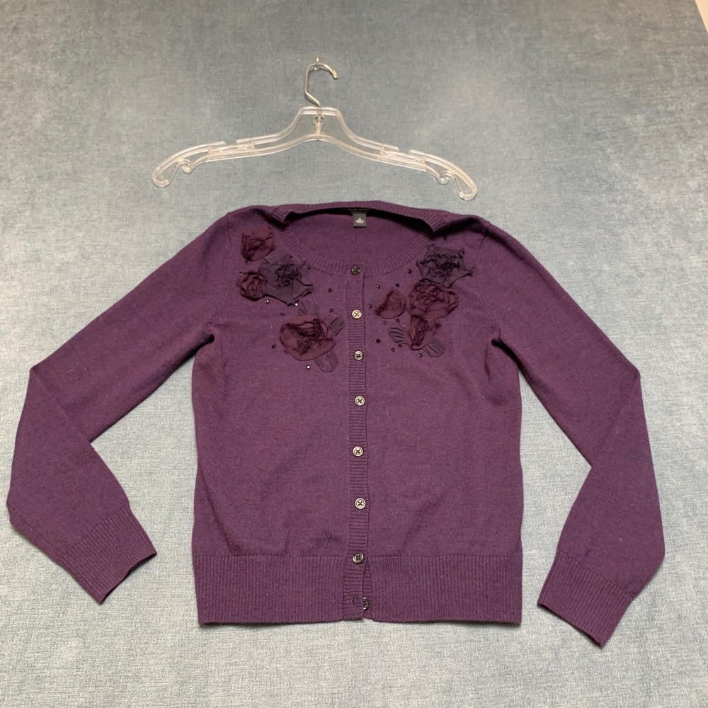 Banana Republic Cardigan Sweater Womens S Purple Rosette Rhinestone Button Front